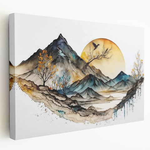 Abstract landscape wall art on stretched canvas, showcasing vibrant colors and fluid shapes, perfect for modern home decor. Side view highlights the depth and texture of the artwork, ideal for enhancing living spaces.