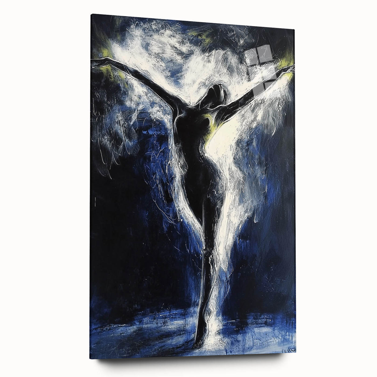 Abstract figurative acrylic artwork displayed on glass, showcasing vibrant colors and fluid shapes in a side view perspective, ideal for modern decor.