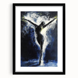 Abstract figurative artwork framed in a sleek black mat, showcasing vibrant colors and dynamic shapes, ideal for modern home decor or art collections.