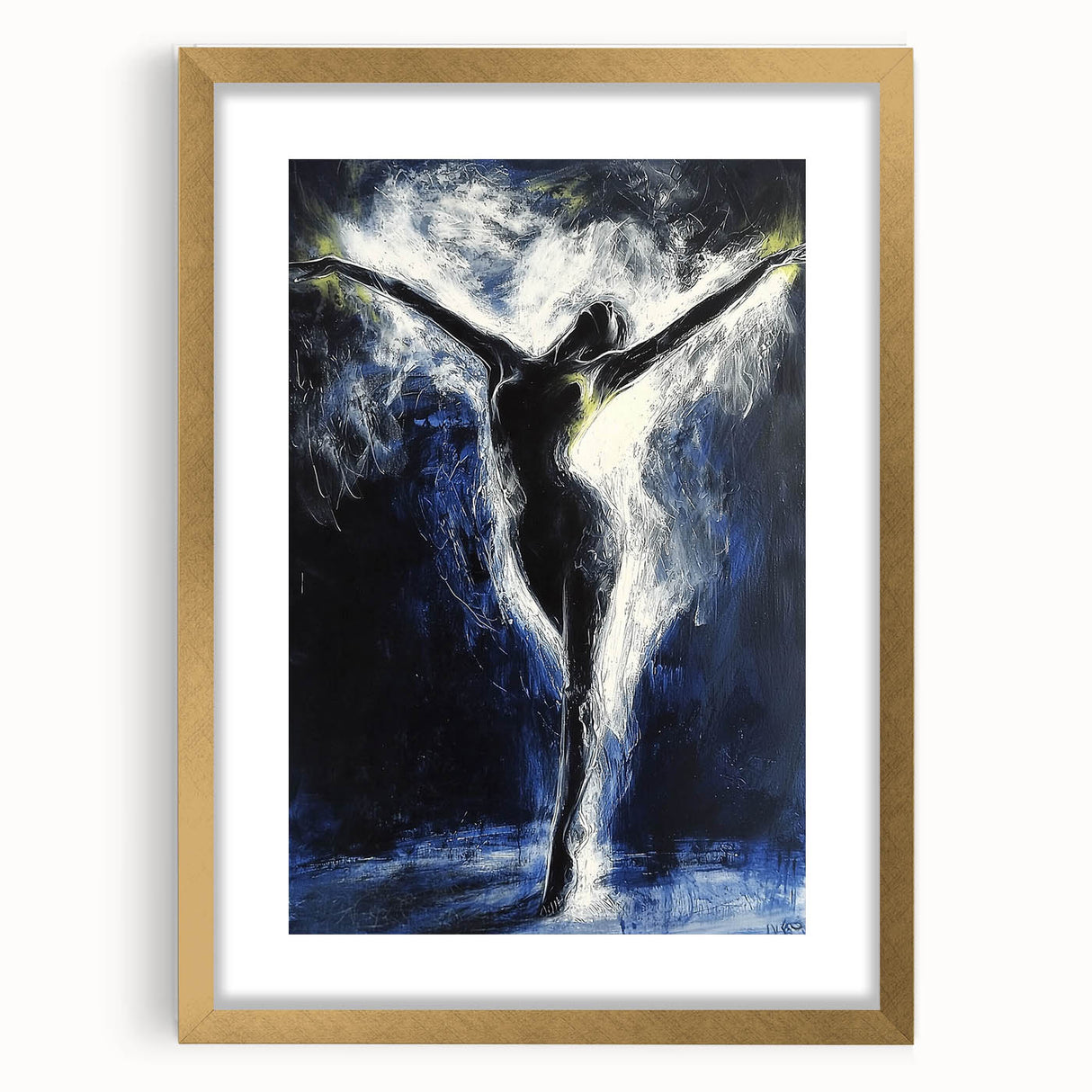 Abstract figurative artwork framed in elegant gold, showcasing vibrant colors and intricate patterns, perfect for modern decor and art enthusiasts.