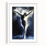 Abstract figurative art frame with a white mat, showcasing vibrant colors and dynamic shapes, perfect for modern home decor or gallery display.