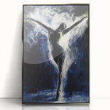 Framed acrylic artwork showcasing a vibrant abstract figurative design with silver accents, perfect for modern decor and artistic expression in any setting.