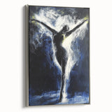 Framed abstract figurative wall art canvas with a silver frame, showcasing a dynamic interplay of colors and shapes, ideal for modern home decor enhancement.