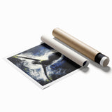 Abstract figurative wall art print showcasing vibrant colors and dynamic shapes, rolled and ready for display, emphasizing modern artistic expression and design aesthetics.