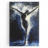 Abstract figurative stretched canvas artwork showcasing vibrant colors and dynamic shapes, ideal for modern home decor. Front view highlights intricate details and textures, perfect for adding a contemporary touch to any space.