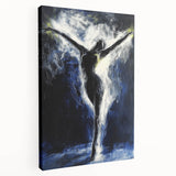 Abstract figurative stretched canvas artwork showcasing vibrant colors and dynamic shapes, displayed from a side view. Ideal for modern interior decor.