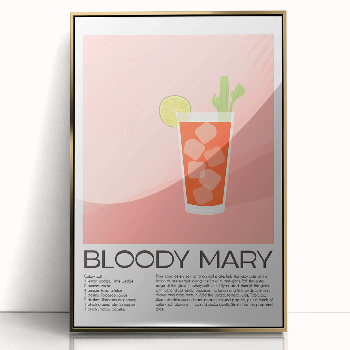 Art deco poster featuring a stylized cocktail glass in gold and black on a framed acrylic.