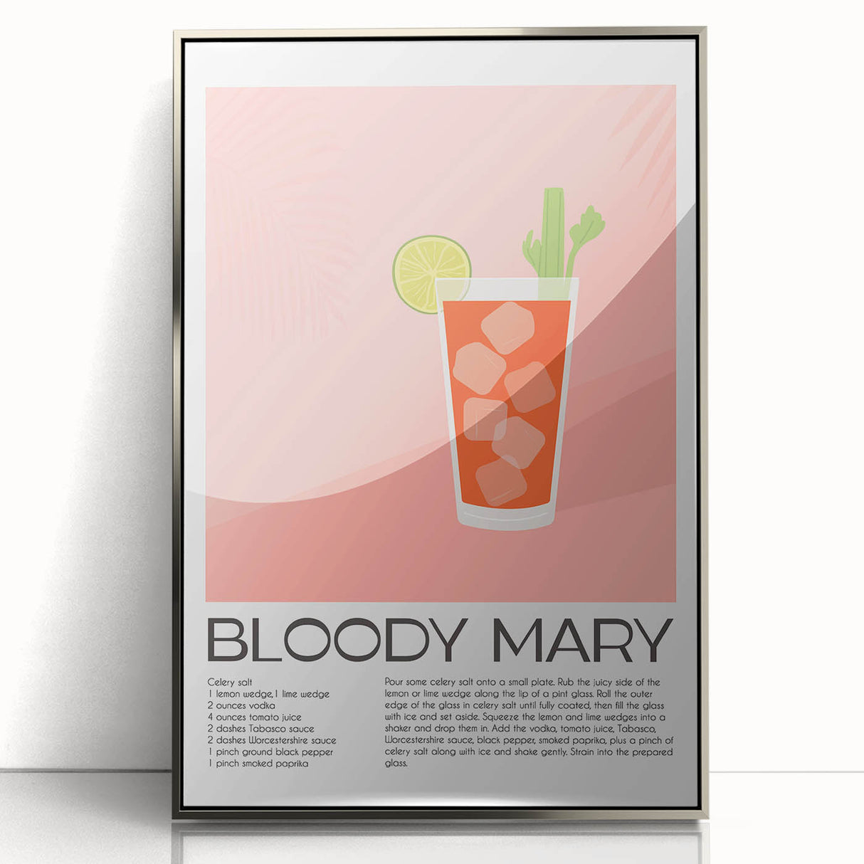 Large art print featuring mid-century modernist food and drinks, in vibrant colors on a silver-framed acrylic.
