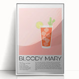 Mid-century modernist art deco poster of food and drinks, in vibrant colors on a white acrylic frame.