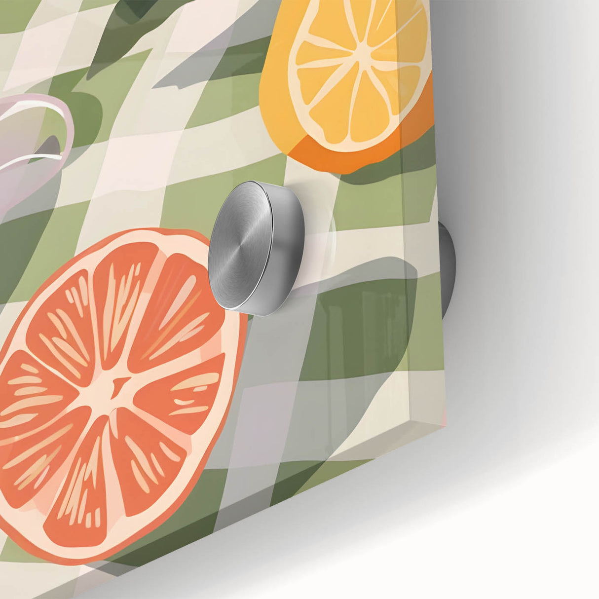 Close-up of large abstract wall art featuring assorted fruits in vibrant colors on acrylic glass.