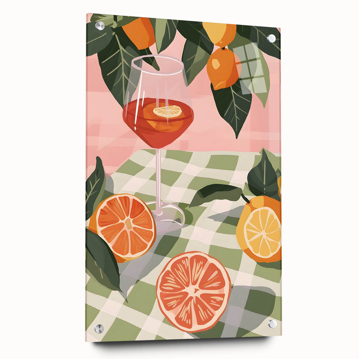 Large abstract wall art featuring assorted fruits in vibrant colors on acrylic glass, ideal for dining room decor.