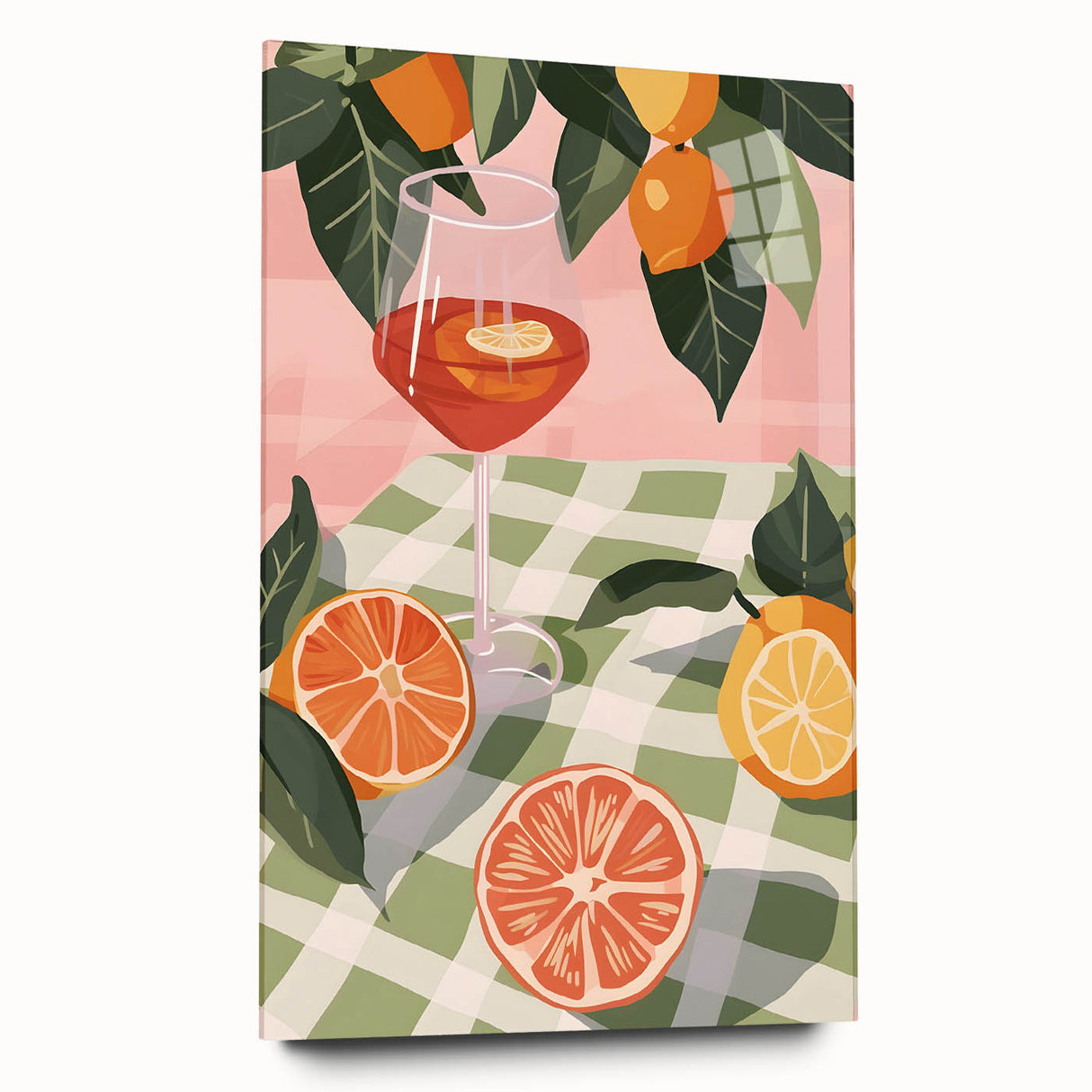 Large abstract wall art of assorted fruits in vibrant colors on acrylic glass, ideal for bedroom or dining room decor.
