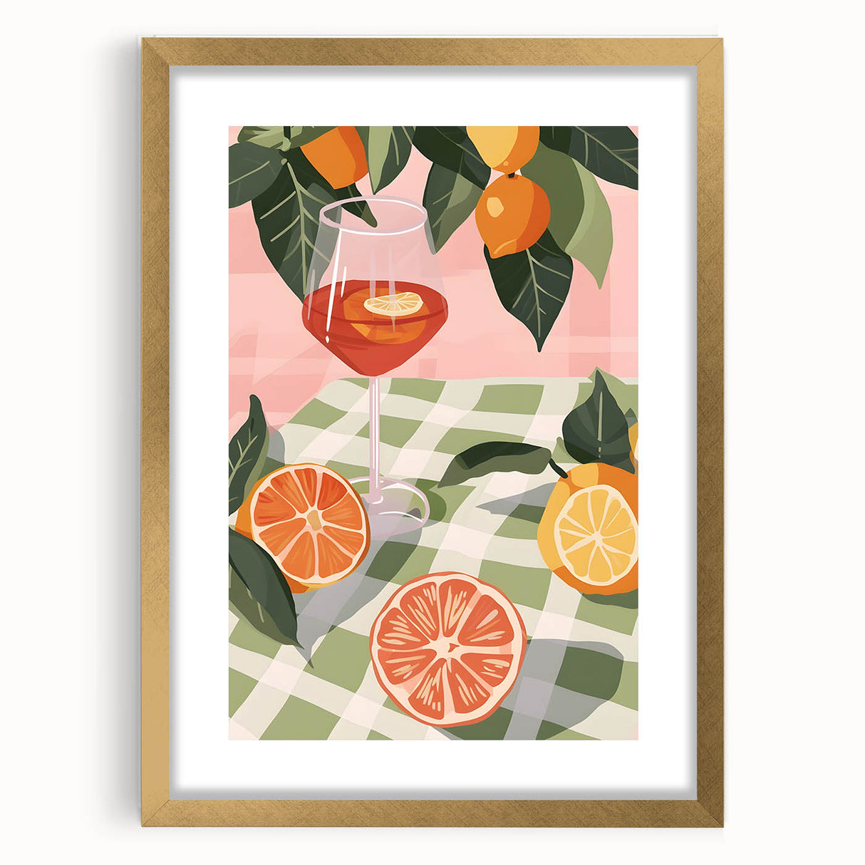 Extra large abstract art print featuring textured fruits in vibrant colors, framed in gold, ideal for living room decor.