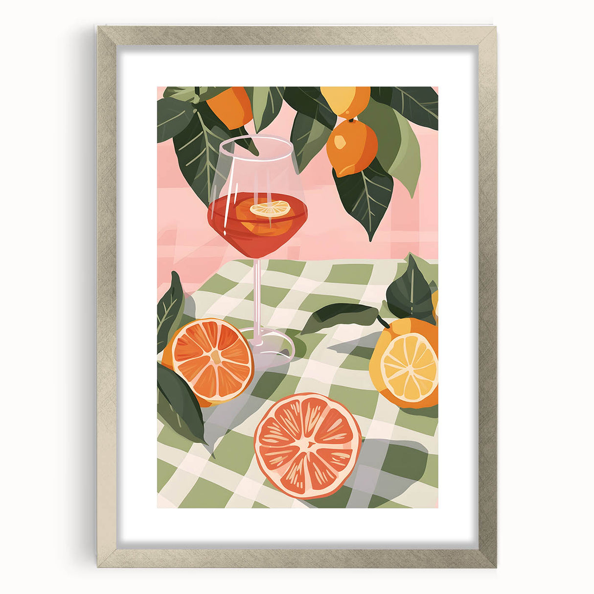 Textured art print of abstract fruits in neutral tones, framed in silver, ideal for bedroom wall decor.