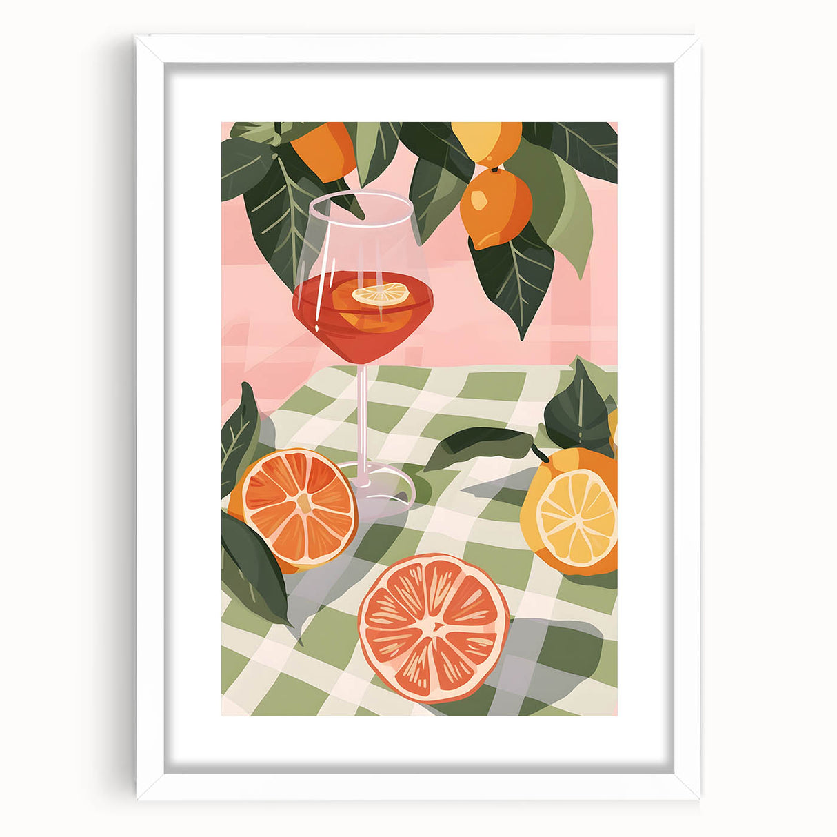 Abstract art print of assorted fruits in vibrant colors on a white framed canvas, ideal for dining room decor.