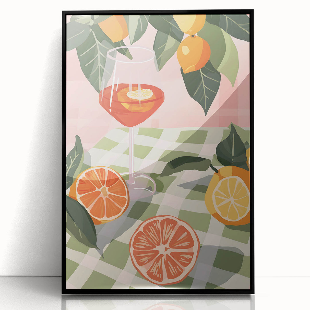 Large abstract wall art depicting various fruits in vibrant colors on a black acrylic framed print.