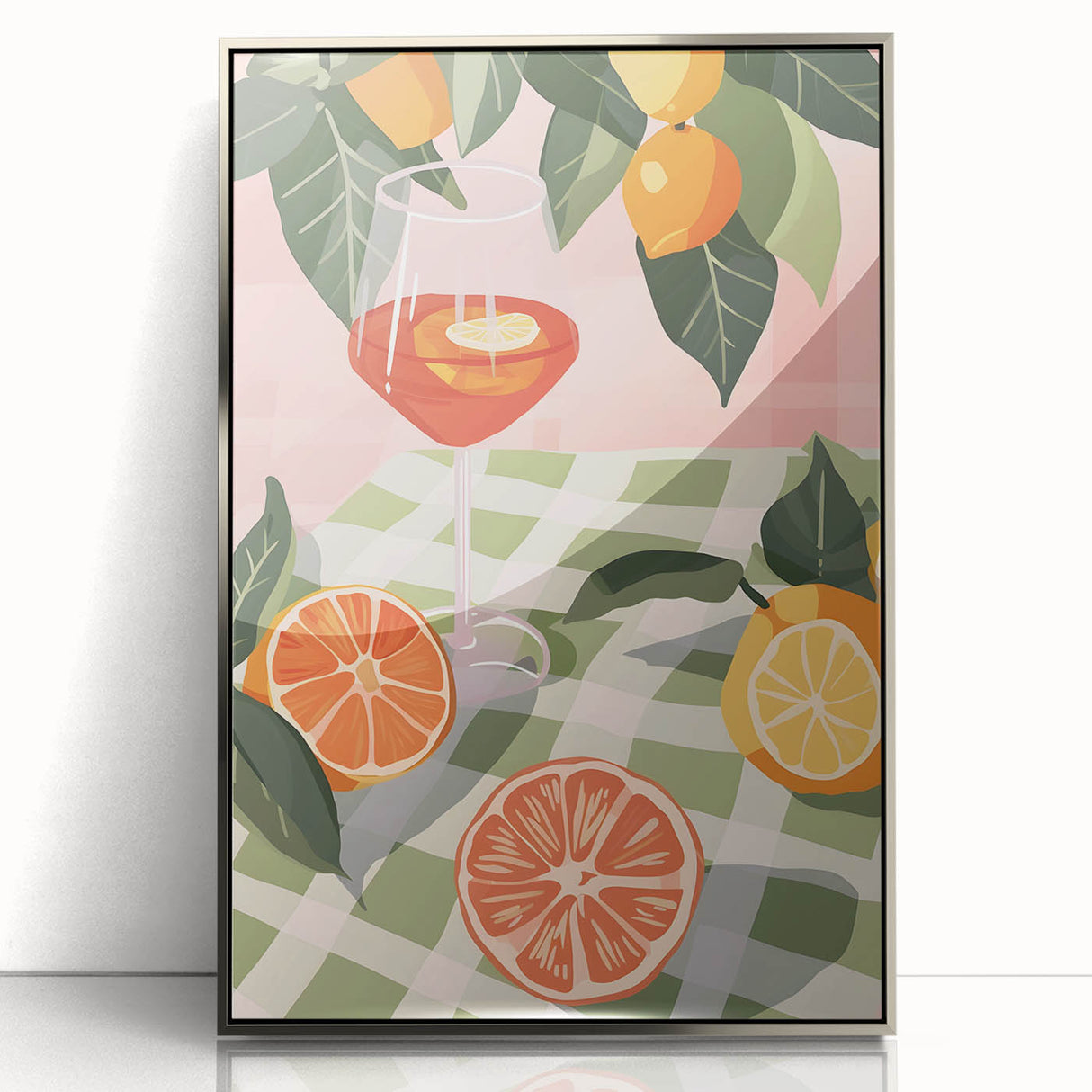 Mid-century modernist art featuring an array of colorful fruits on silver framed acrylic, ideal for modern kitchen decor.