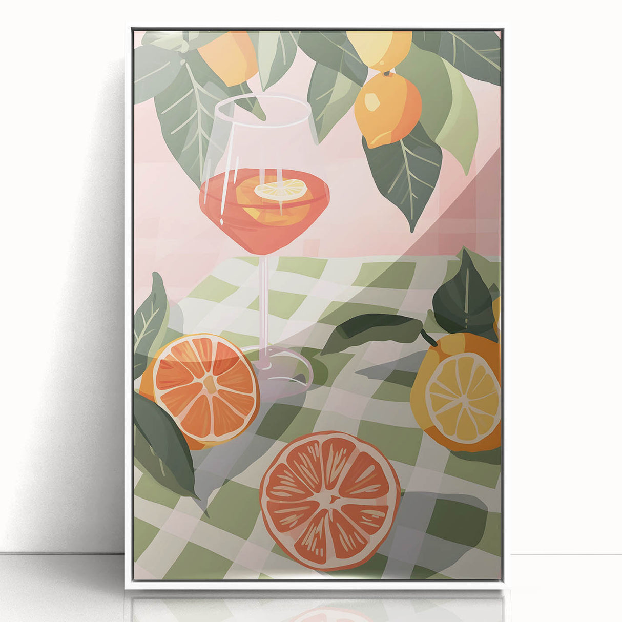 Acrylic print of assorted fruits in art deco style with a white frame, ideal for modern kitchen decor.