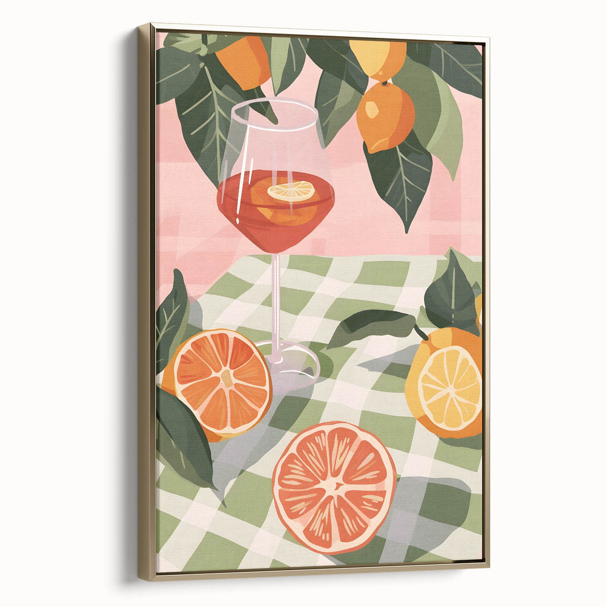 Framed canvas featuring a vintage poster of assorted fruits in a landscape layout, set against a black background.