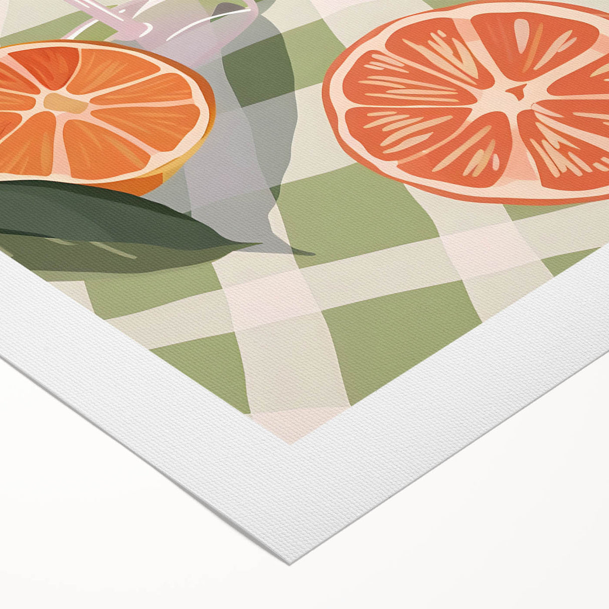 Art deco poster featuring an array of fruits in vibrant colors on a rolled canvas, suitable for dining room decor.
