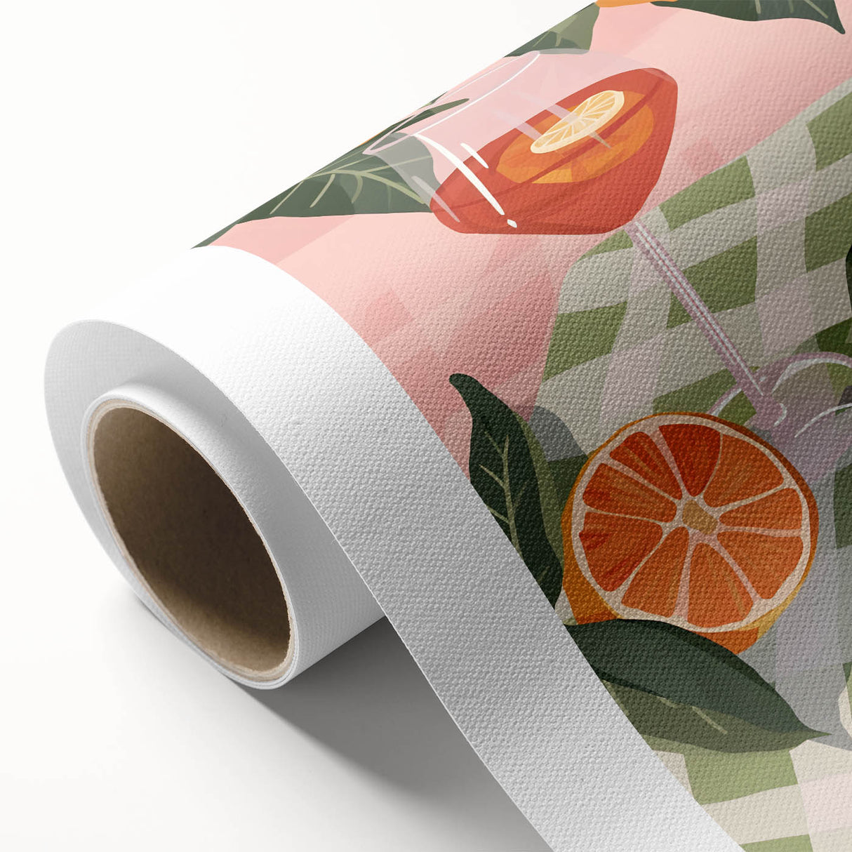 Rolled canvas featuring art deco poster of colorful fruits, suited as nursery wall art or dining room decor.