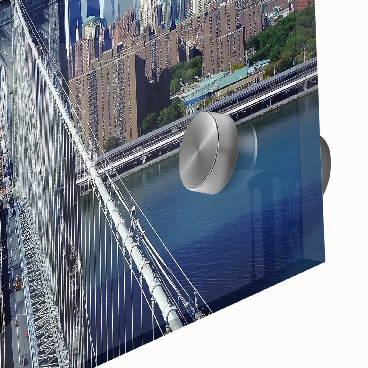 Close-up view of a stunning acrylic landscape bridge design showcased on a glass surface, highlighting intricate details and vibrant colors, perfect for modern decor.