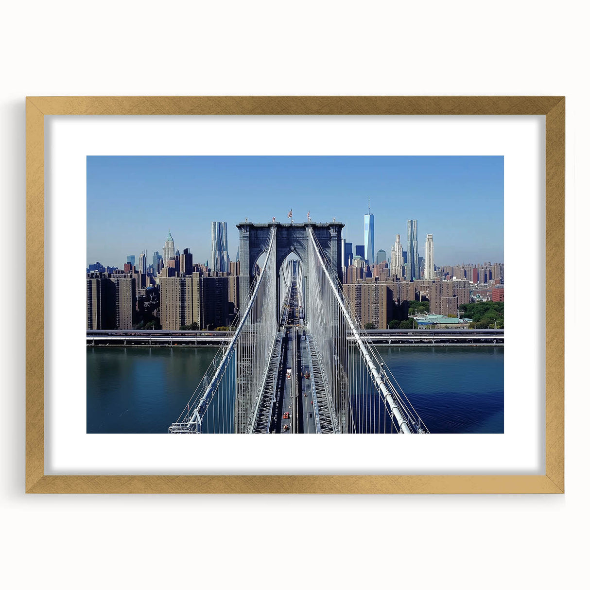 Elegant gold landscape bridge frame with a white mat, showcasing a sophisticated front view, perfect for enhancing any modern decor aesthetic. Ideal for art enthusiasts seeking stylish home accents.