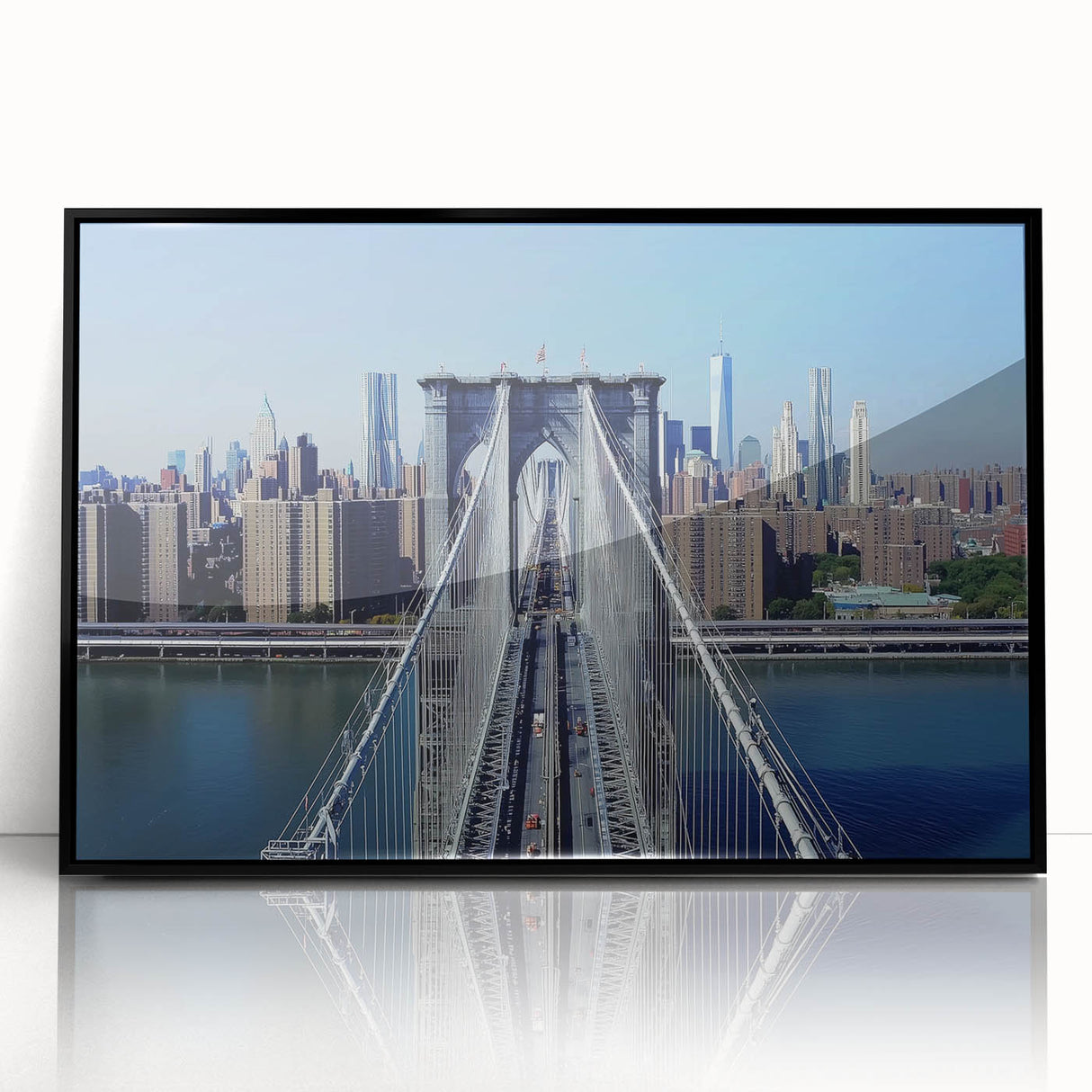 Framed acrylic wall art depicting a landscape bridge in a serene natural setting, featuring vibrant colors and intricate details, ideal for modern home decor.