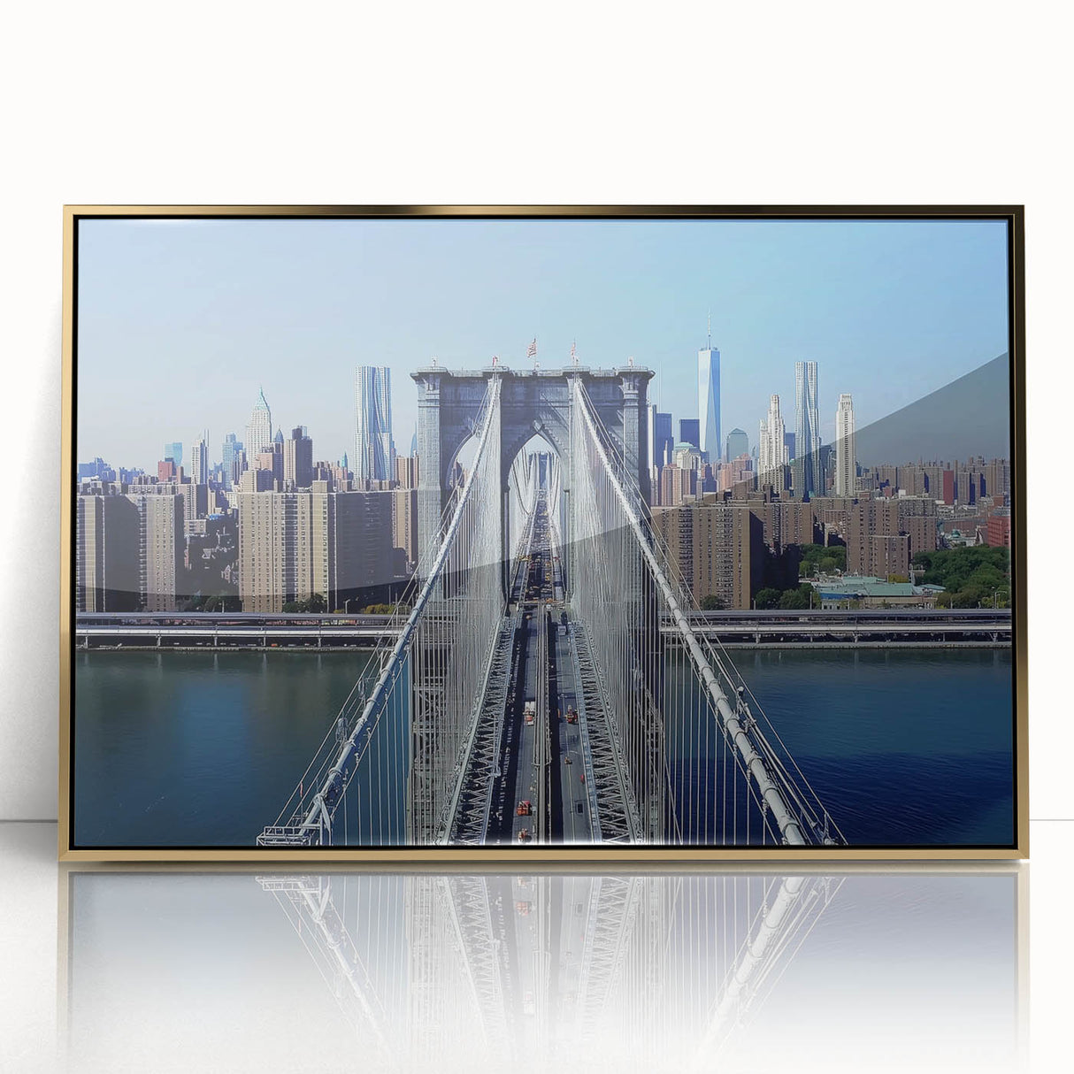 Framed acrylic art piece featuring a majestic landscape bridge design in golden tones, showcasing intricate details and a glossy finish, perfect for home decor.