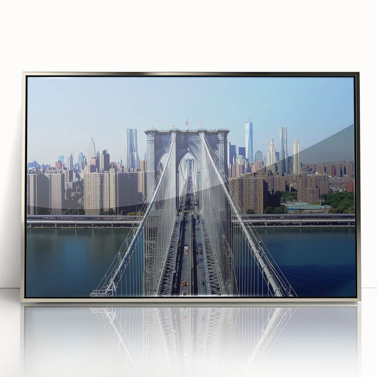 Framed acrylic artwork showcasing a serene landscape bridge scene with silver accents, perfect for modern home decor and adding a touch of elegance.