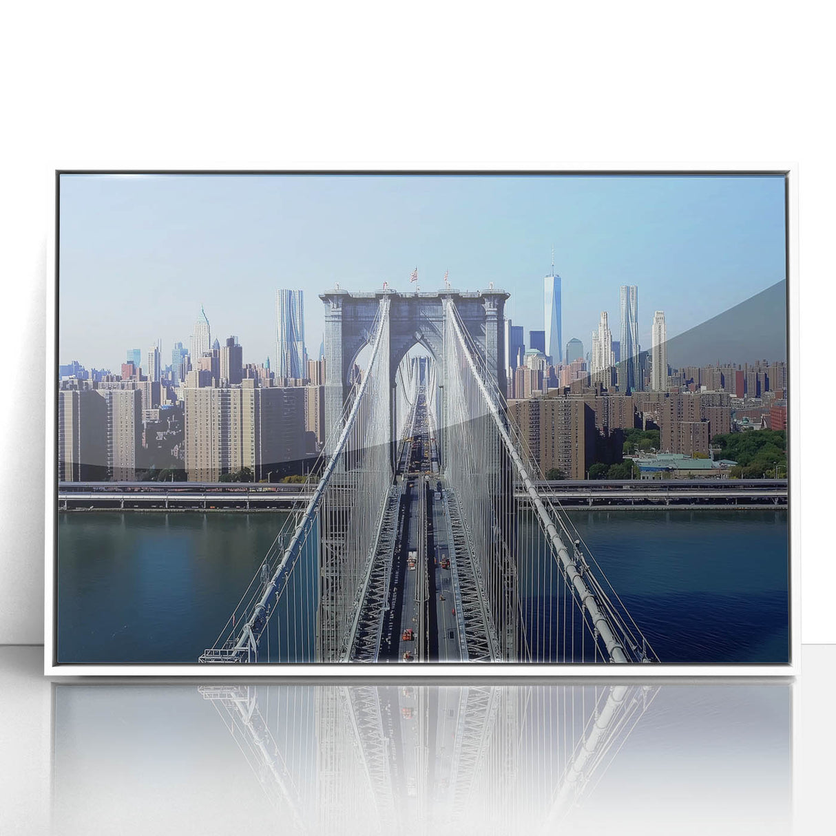 Framed acrylic artwork showcasing a serene landscape bridge, featuring lush greenery and a clear blue sky, ideal for modern home decor.