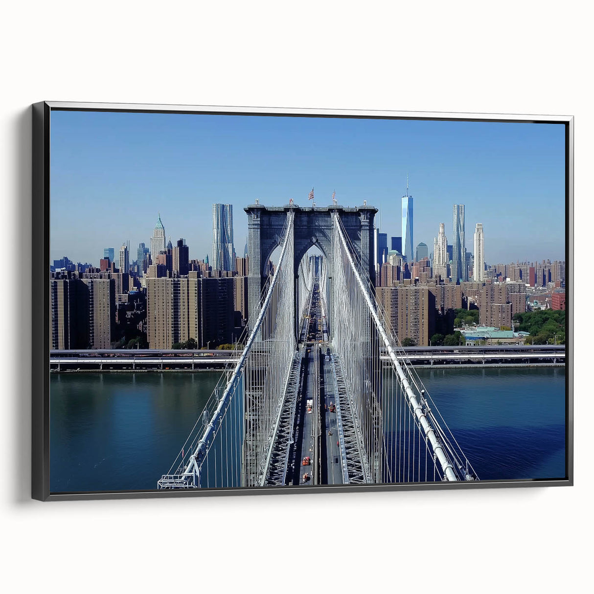 Framed canvas artwork of a landscape bridge in a serene setting, showcasing vibrant colors and intricate details, ideal for home decor or office space enhancement.