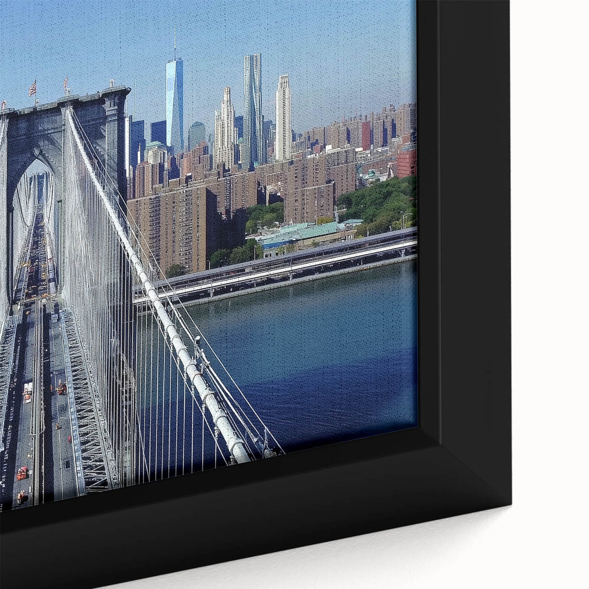 Close-up of a framed canvas artwork depicting a serene landscape bridge scene, featuring vibrant colors and detailed textures, ideal for home decor.