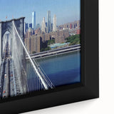 Close-up of a framed canvas artwork depicting a serene landscape bridge scene, featuring vibrant colors and detailed textures, ideal for home decor.