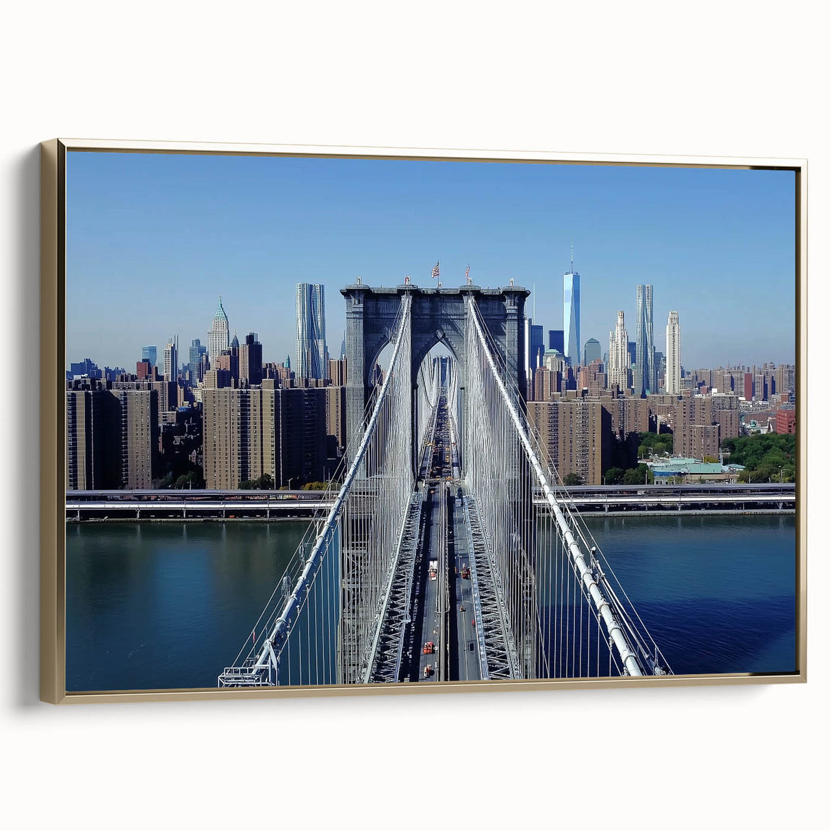 Framed canvas artwork depicting a serene landscape bridge scene, accented with golden hues and a side view showcasing intricate details, perfect for home decor.