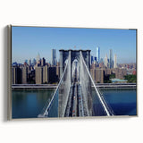 Framed landscape canvas art depicting a serene bridge scene, featuring silver accents, mounted on a wall, ideal for home decor and aesthetic enhancement.