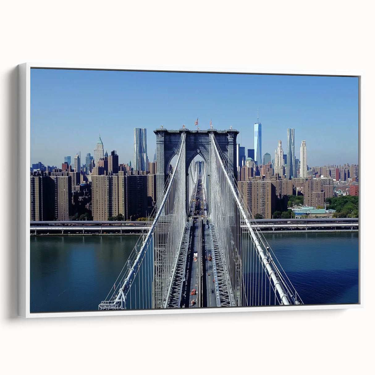 Framed landscape canvas art depicting a serene bridge scene with lush greenery and a tranquil water reflection, perfect for home or office decor.