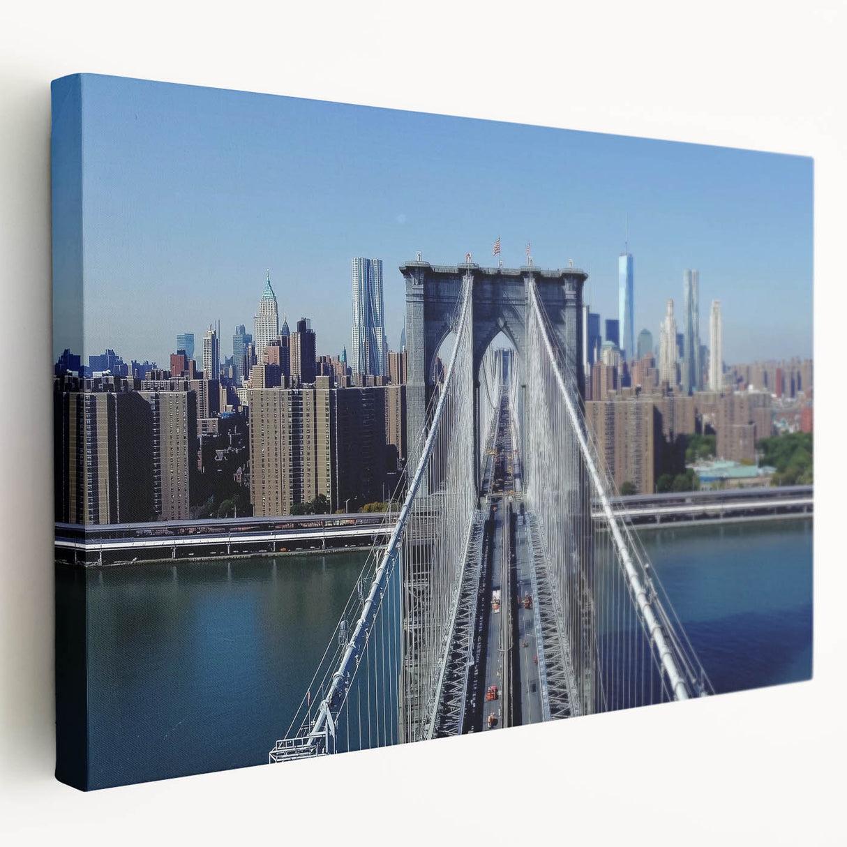 Stretched canvas artwork depicting a serene landscape bridge scene with vibrant colors, ideal for home decor. The side view highlights its intricate details and textures.
