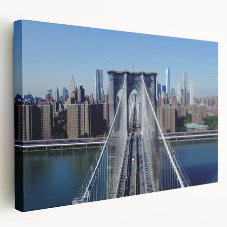 Stretched canvas artwork depicting a serene landscape bridge scene with vibrant colors, ideal for home decor. The side view highlights its intricate details and textures.