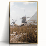 Large art print of a mid-century modernist autumn scene in gold and brown tones, framed acrylic.