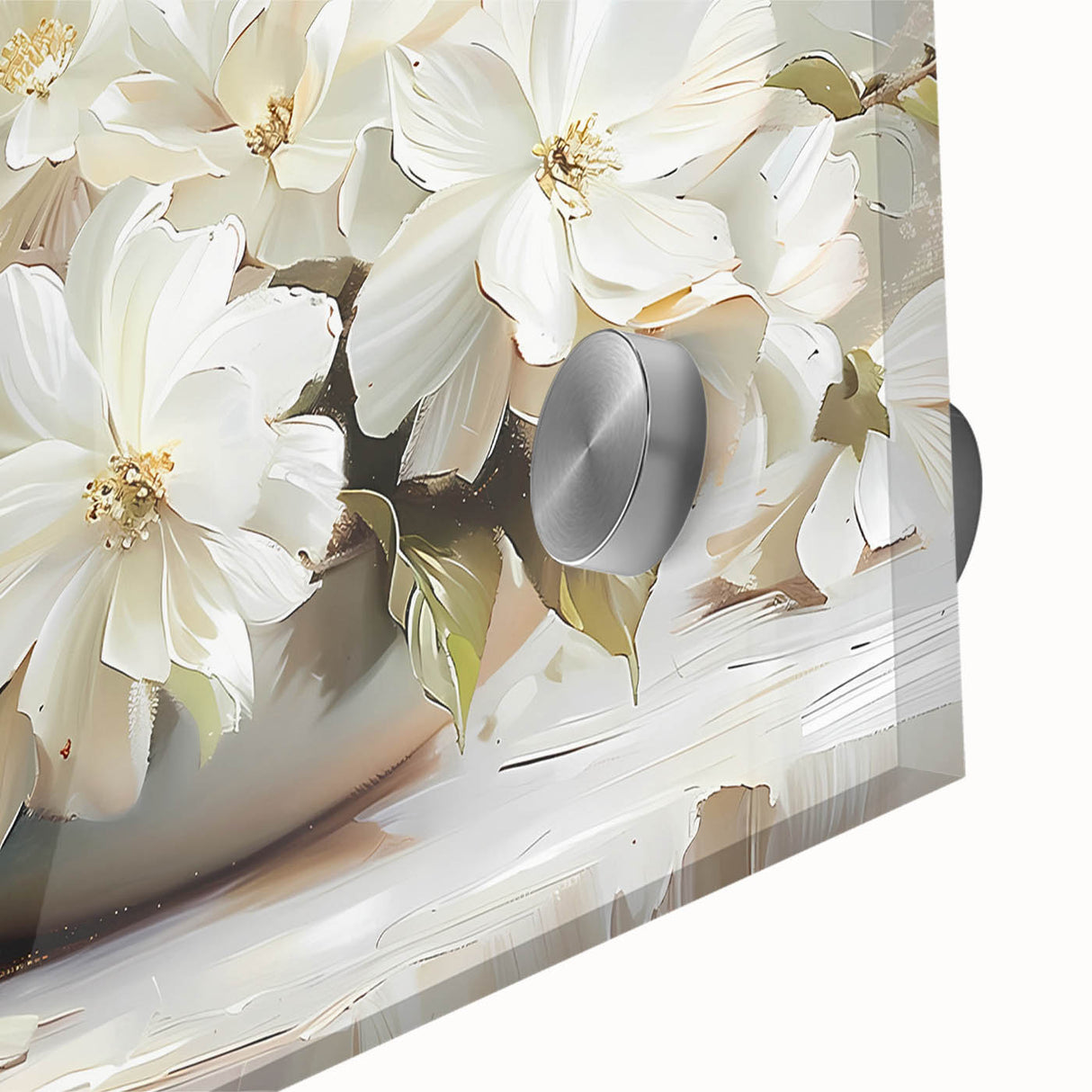 Close-up of vibrant abstract floral wall art printed on acrylic glass, showcasing intricate details and bold colors, perfect for modern home decor.