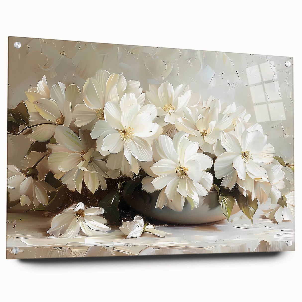 Abstract floral wall art displayed in an acrylic glass frame, showcasing vibrant colors and intricate designs, with decorative pins highlighting its elegant presentation.