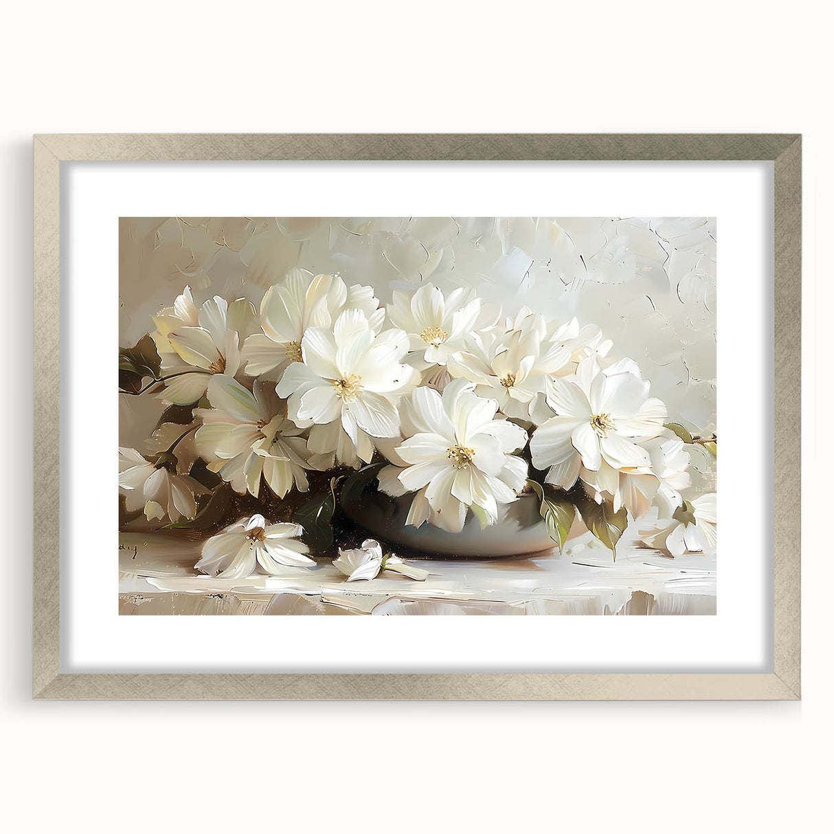 Abstract floral wall art featuring vibrant colors and intricate patterns, elegantly framed with a silver mat, perfect for enhancing modern interior decor.