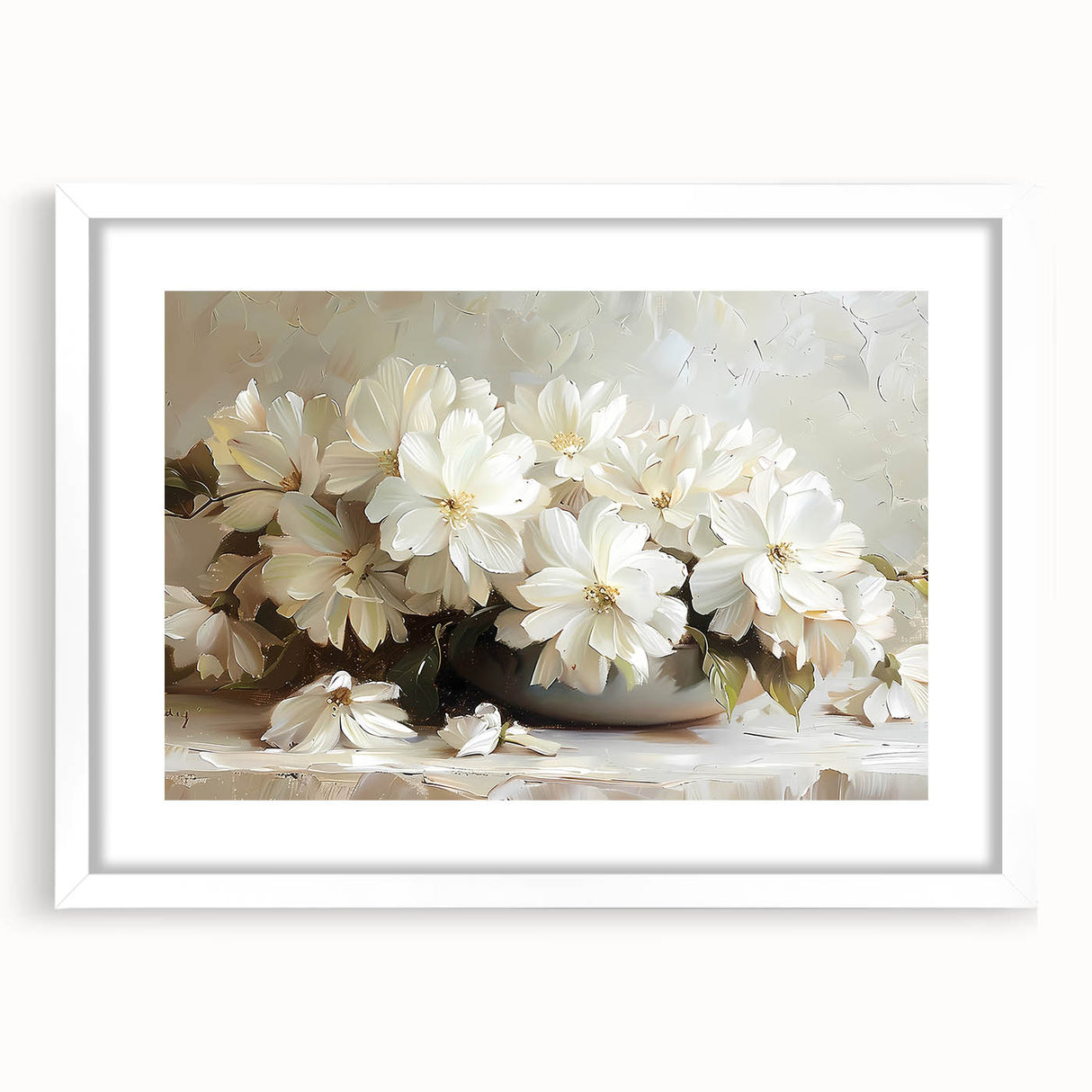 Abstract floral wall art framed in white mat, showcasing vibrant colors and intricate designs, perfect for enhancing modern home decor aesthetics.