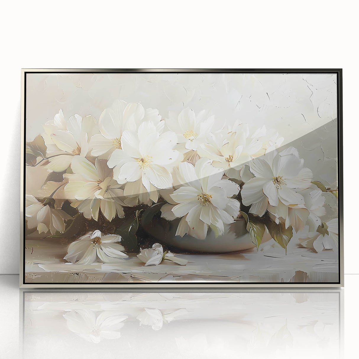 Framed abstract floral wall art featuring vibrant colors and intricate designs, set in a sleek silver frame, perfect for modern home decor.