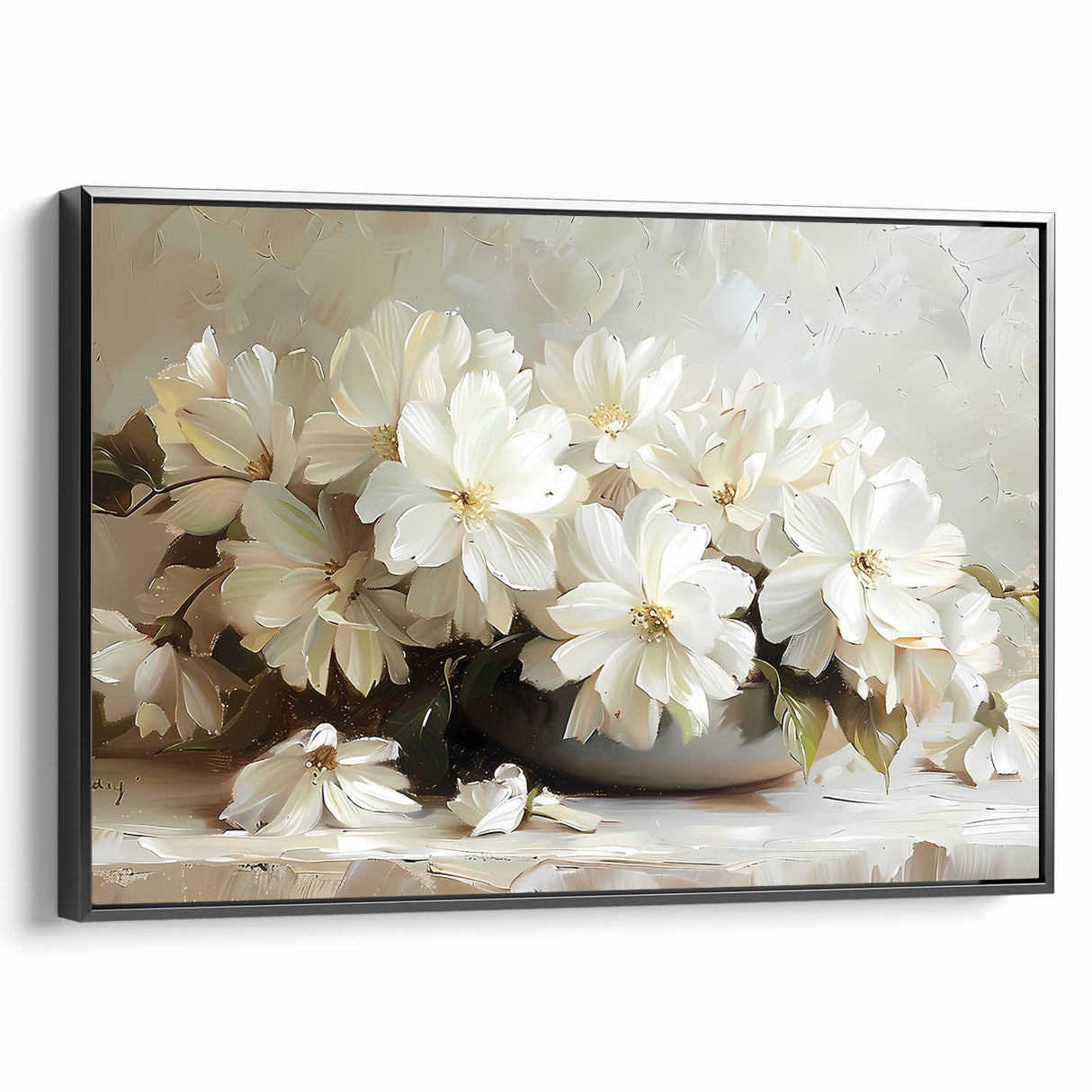 Framed canvas wall art showcasing an abstract floral design in vibrant colors, presented in a sleek black frame, ideal for modern home decor.