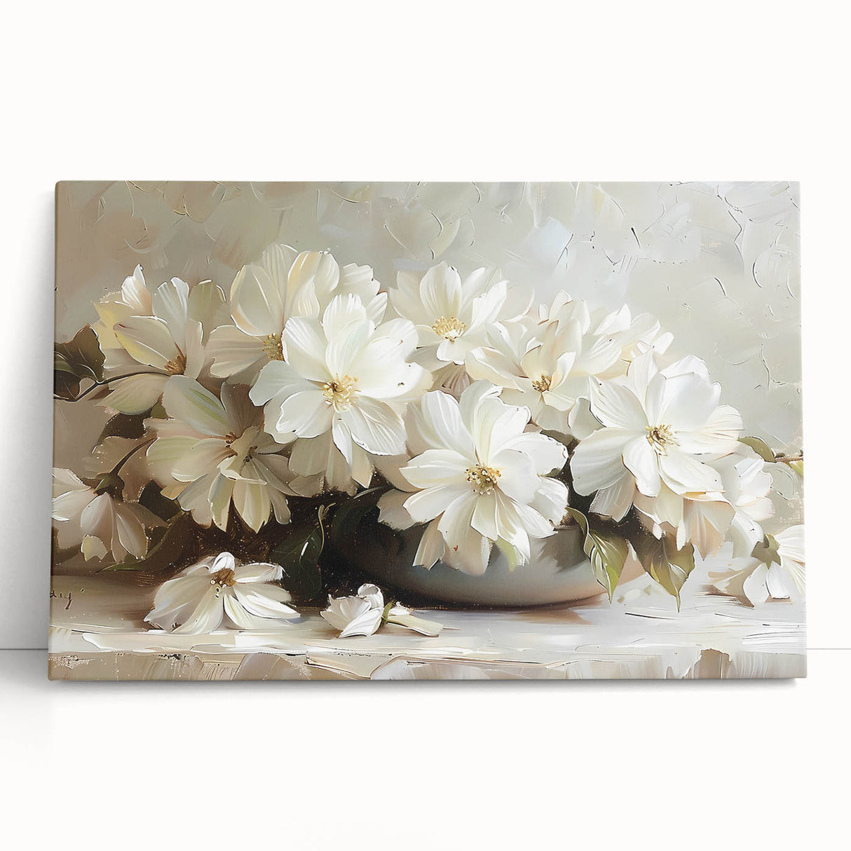 Abstract floral wall art on stretched canvas, featuring vibrant colors and intricate designs, leaning against a neutral wall, adding a touch of elegance to any space.