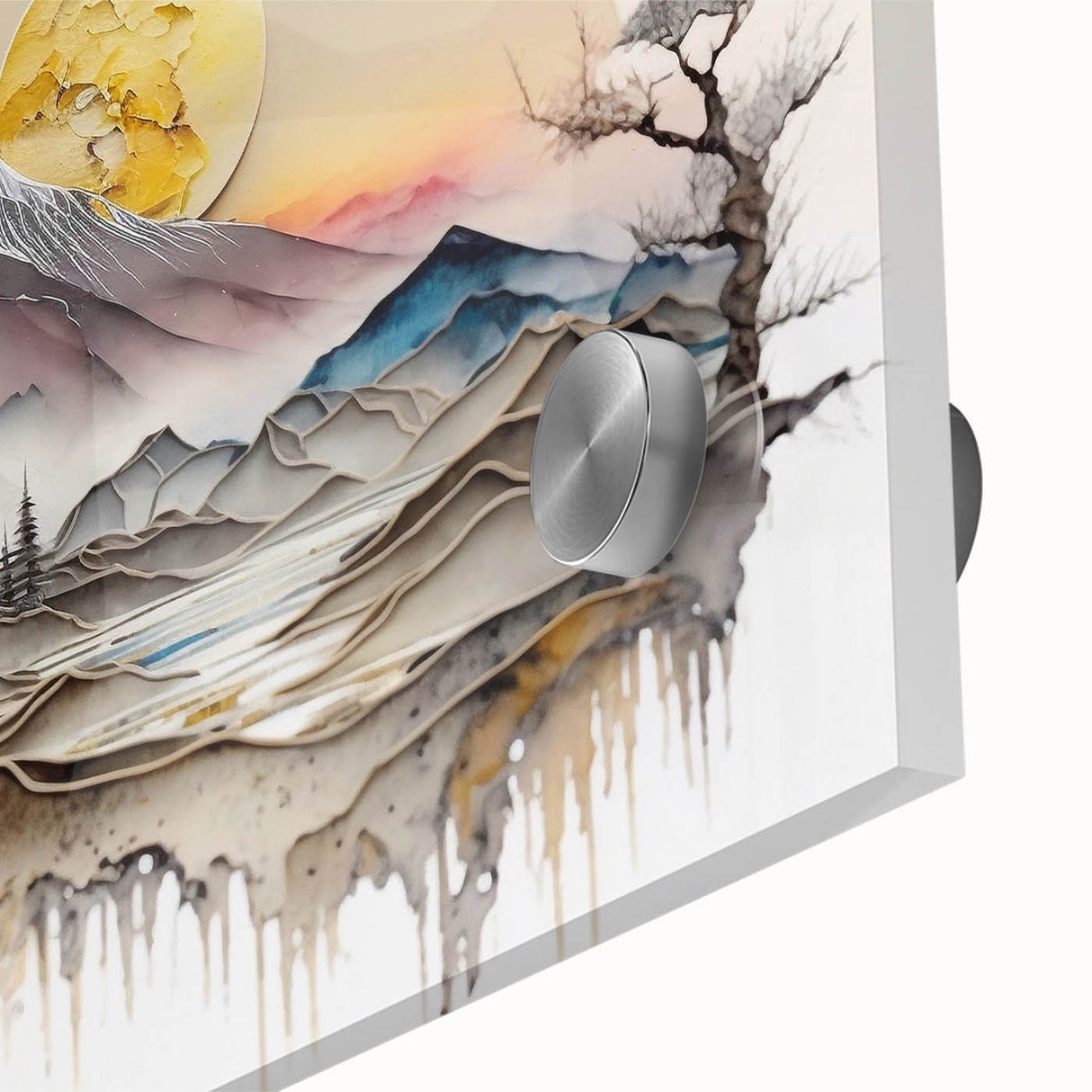 Close-up of an abstract landscape wall art piece printed on acrylic glass, showcasing vibrant colors and intricate textures, ideal for modern home decor.