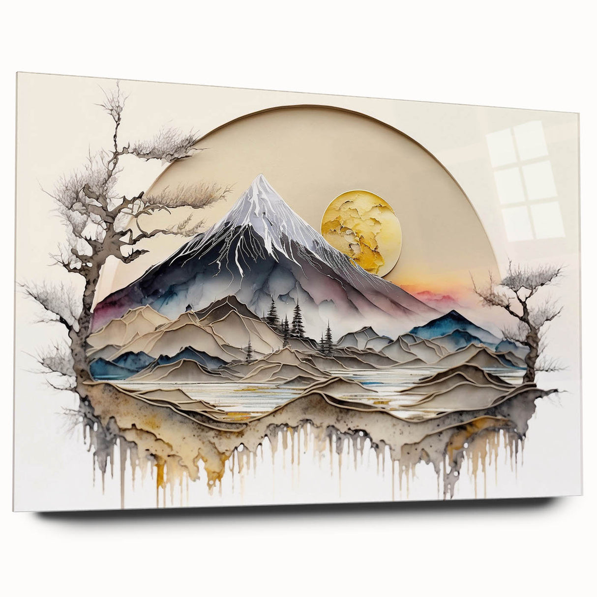 Abstract landscape wall art displayed in a sleek acrylic glass frame, showcasing vibrant colors and dynamic shapes for modern home decor. The side view emphasizes the artwork's depth and visual impact, perfect for enhancing any room's ambiance.