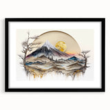 Abstract landscape wall art framed with a black mat, showcasing vibrant colors and intricate details, perfect for modern home decor or office spaces.